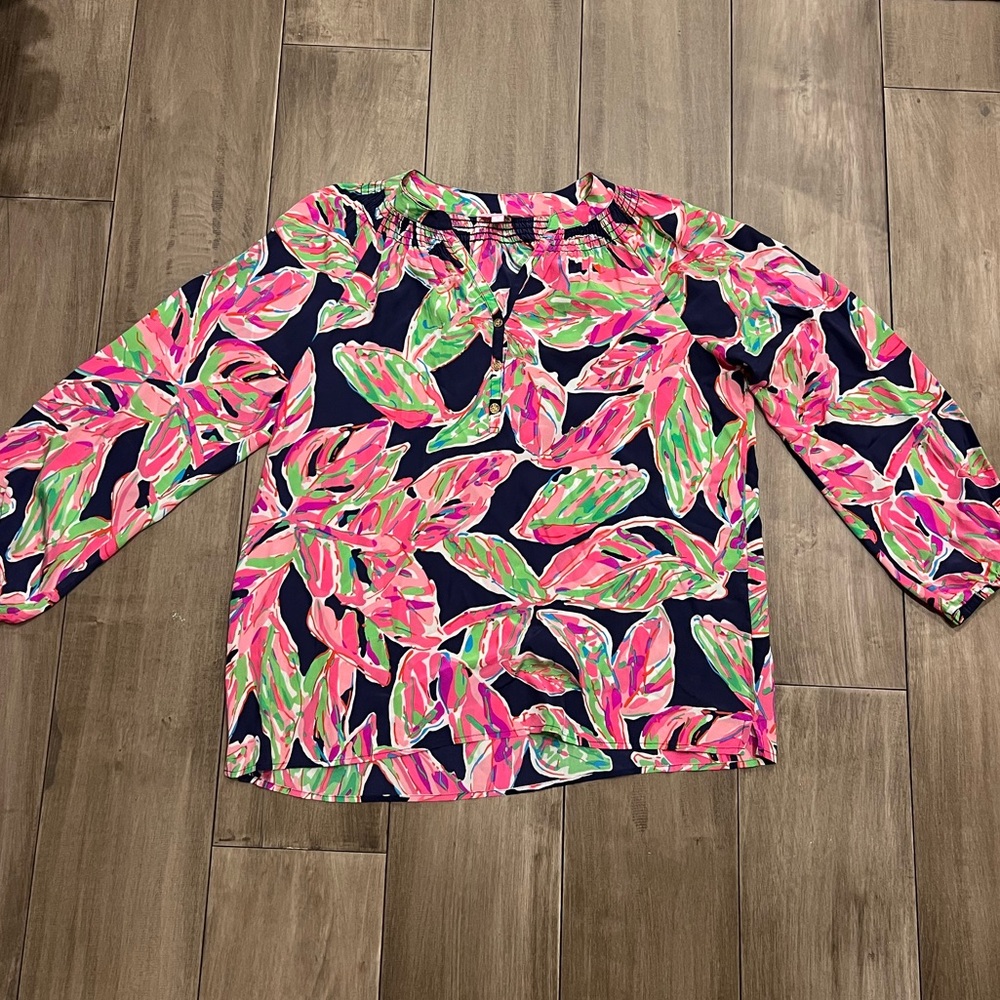 Lilly Pulitzer Elsa Silk Top- Blue, Pink, and Green print